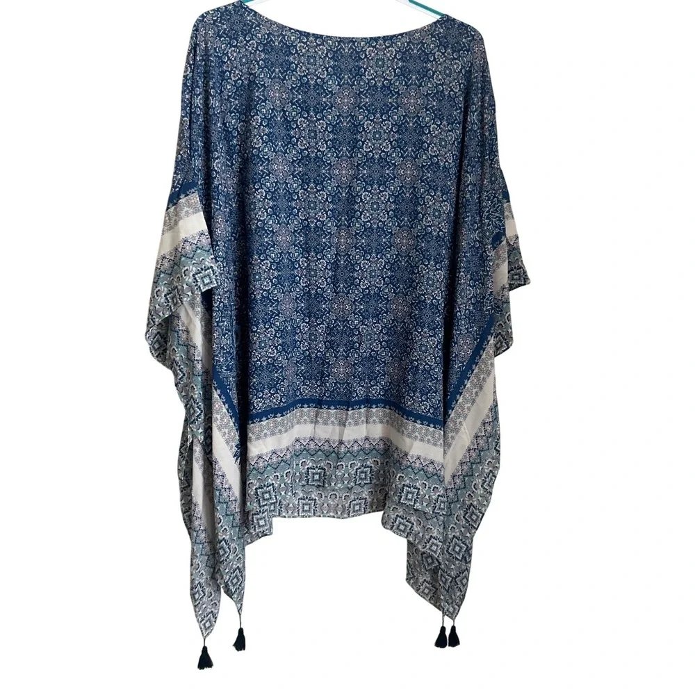 J.Jill Blue‎ Medallion Floral Tassel Poncho Topper XL-3X Resortwear Boho Travel